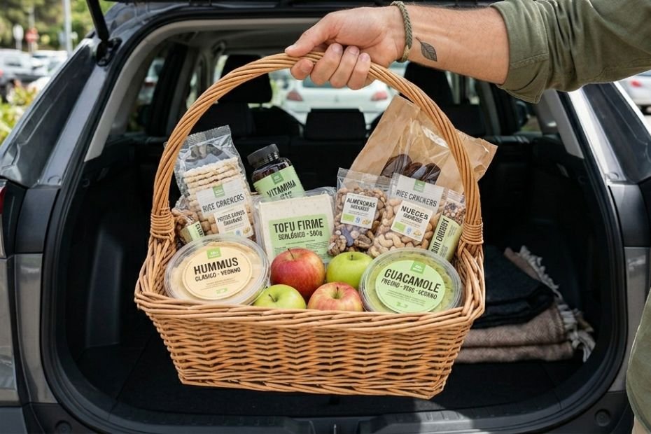 Vegano con kit de supervivencia esencial