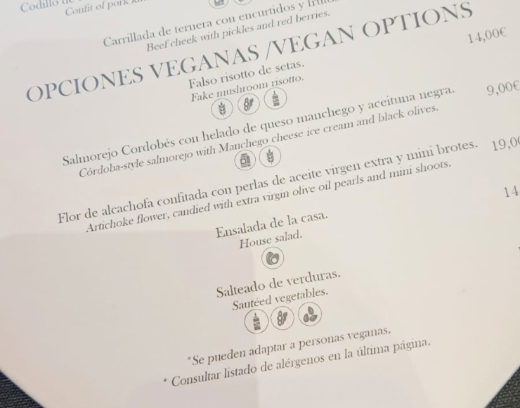 Carta vegana de Finca La Estacada Tarancón
